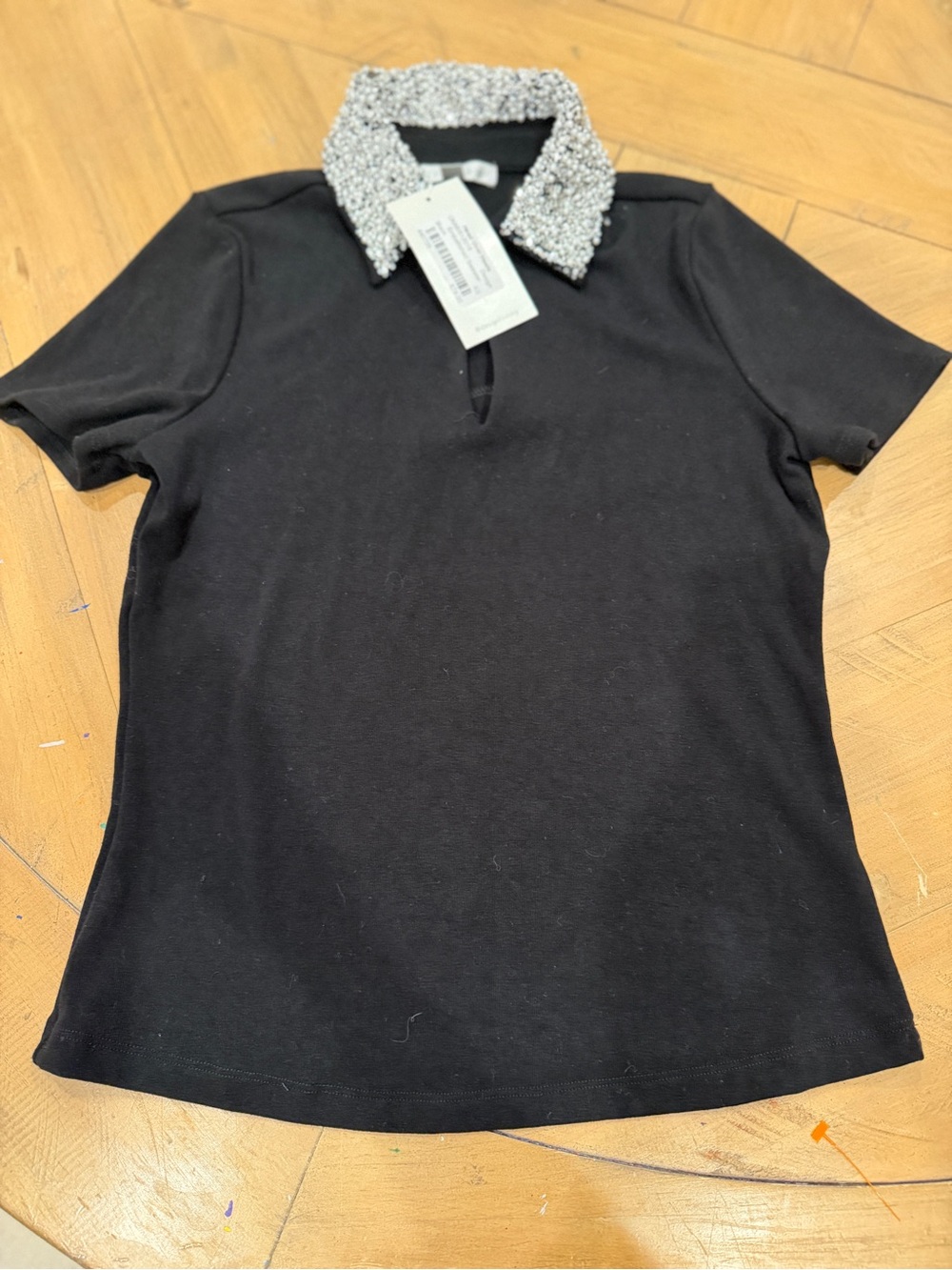 Design History Head Over Heels Black Embellished Sweater w/ Pearl Collar XS NWT